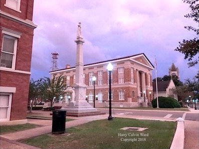 The courthouse with street lights at night