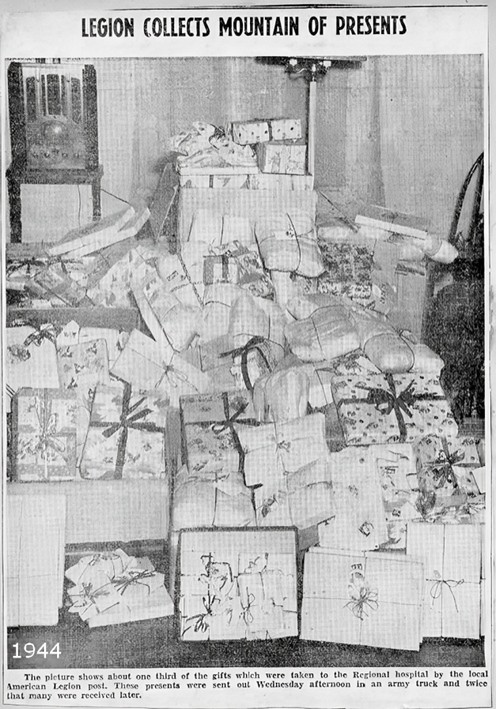 1944- The local American Legion post collects gifts for children at Christmas